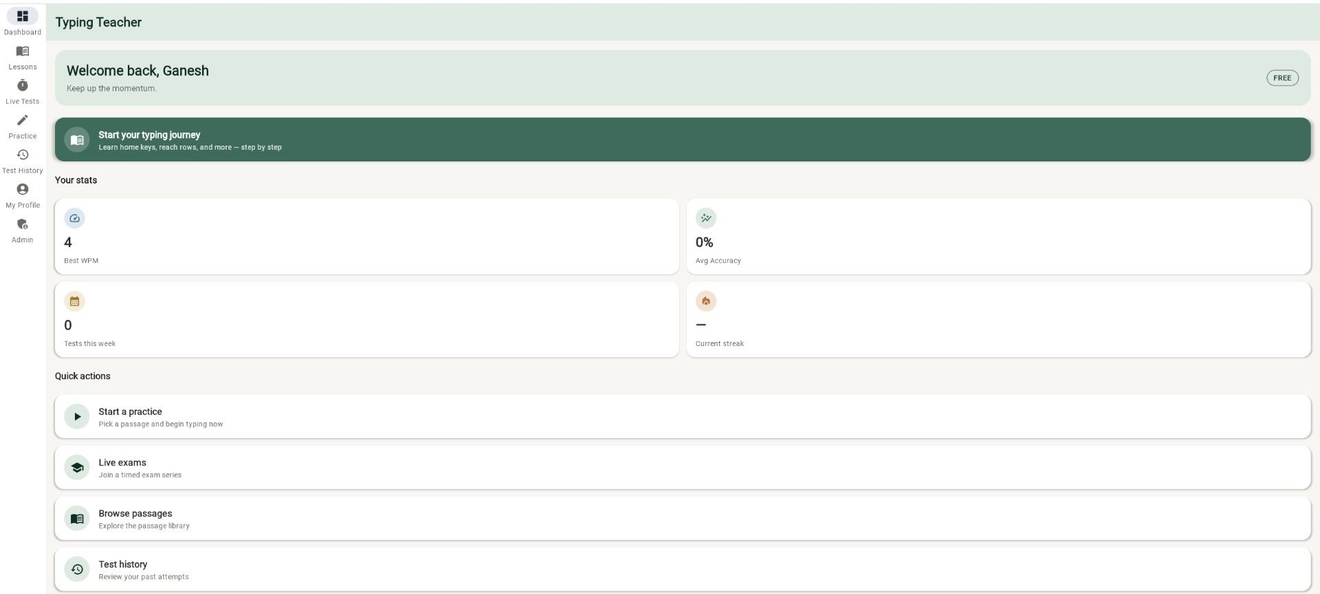 Typing Teacher dashboard showing stats and quick actions